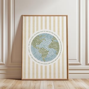 May include: Framed print featuring a circular design in shades of blue and green, resembling a globe, set against a striped background. The text "For God so loved the world..." encircles the globe design. The frame is a warm brown.