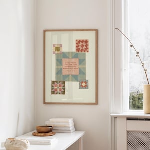 May include: A framed print featuring a patchwork quilt design with a central square containing text. The quilt design incorporates various colors, including pink, blue, and red, with a light beige background. The text reads "I WILL PRAISE THEE; FOR I AM FEARFULLY AND WONDERFULLY MADE. PSALM 139:14."