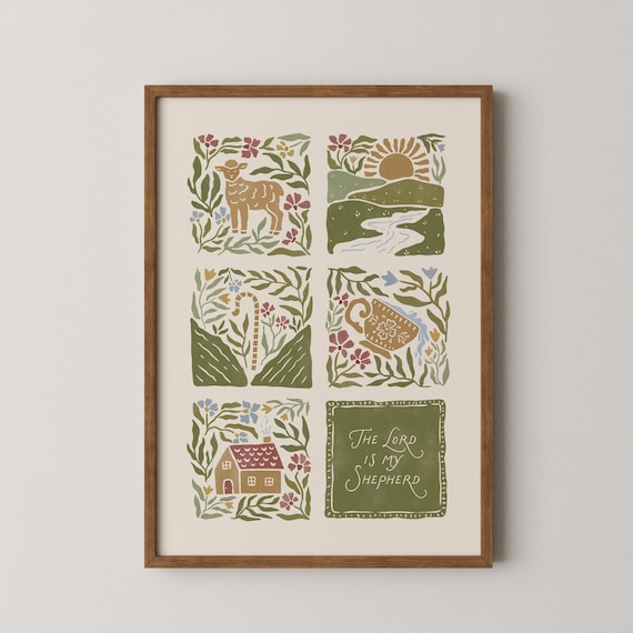 Psalm 23 Folk Art Print | Christian Artwork Botanical Illustration | The Lord Is My Shepherd Scripture Wall Art | Psalms Decor