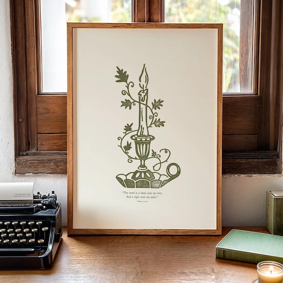 Psalms 119:105 Scripture Art Print | Christian Wall Art Lamp Illustration | Vintage Artwork Bible Verse Decor