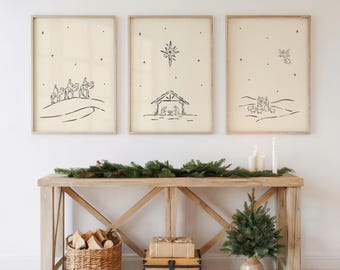 Weihnachtskrippe Wand Kunst Set | Neutrale Krippe Weise Männer Hirten | Christliche Dekoration | Digitaler Download