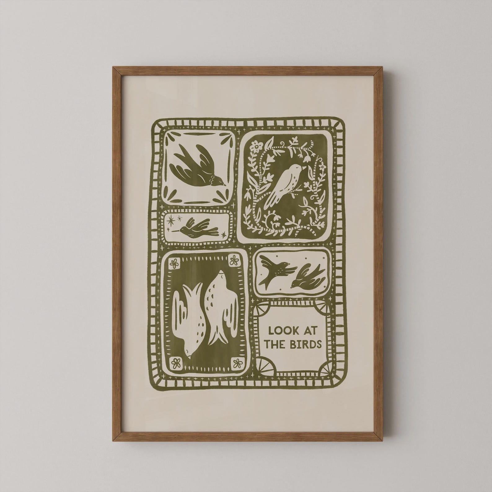 Look at the Birds Scandinavian Folk Art Print | Bible Verse Wall Art | Christian Bird Print | Faith Inspired Botanical Decor