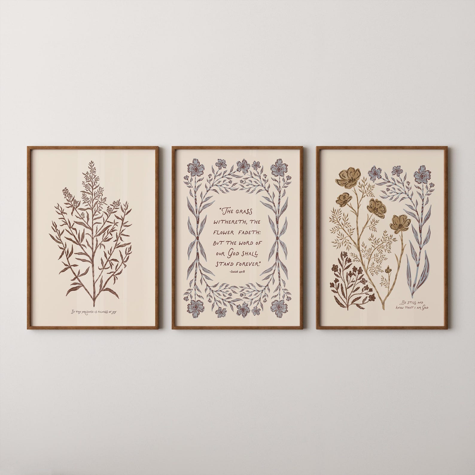 Psalms Set of 3 Wall Art, Christian Artwork Printable, Floral Folk Art, Home Decor