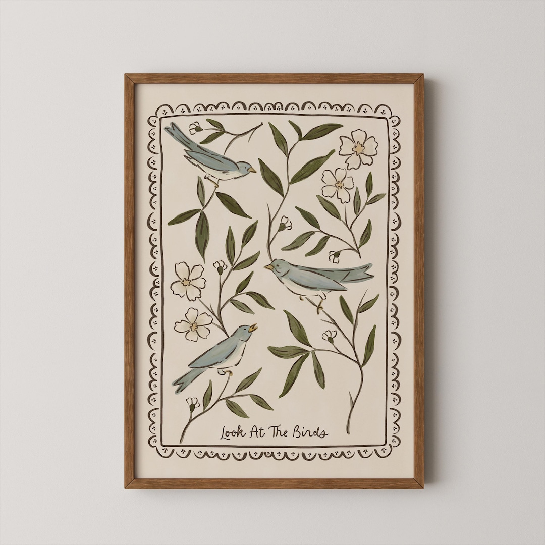 Bible Verse Wall Art, Look at the Birds Folk Art Print, Christian Bird Art Printable