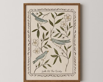 Bibel-Vers-Wandkunst, schauen Sie sich die Vogel-Folk-Kunstdruck an, christlicher Vogel-Kunstdruck