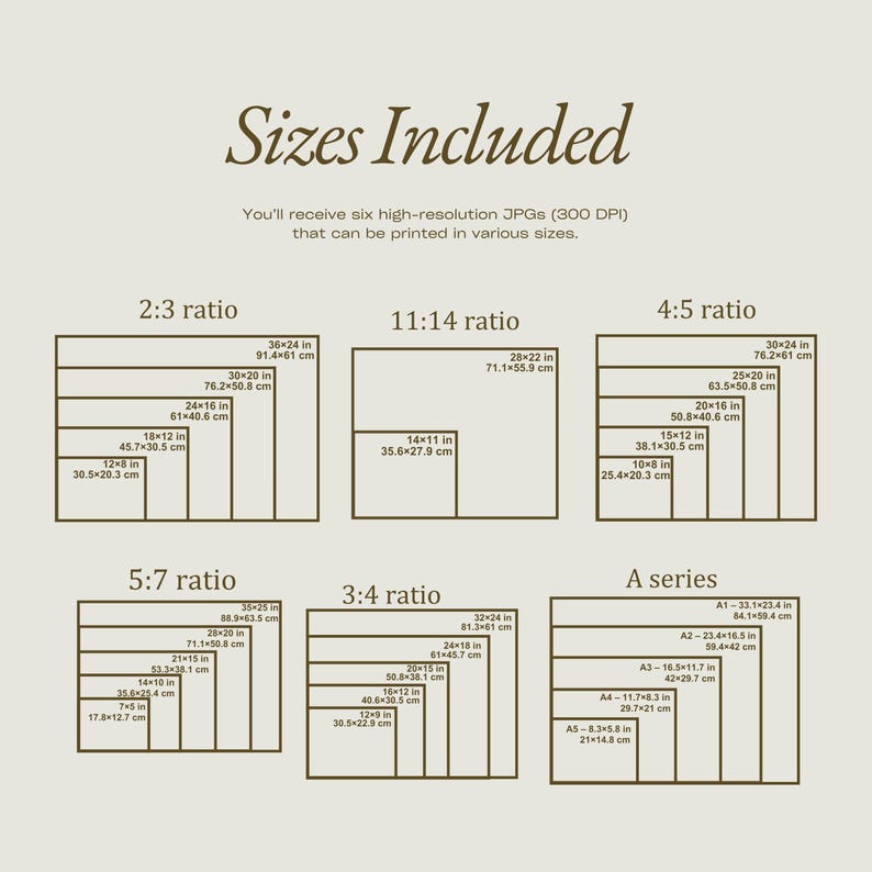 May include: Image showing various print sizes, including 2:3, 11:14, 4:5, 5:7, 3:4, and A series ratios. Each size is labeled with dimensions in inches and centimeters, such as 36x24 in (91.4x61 cm). The text "Sizes Included" is at the top.