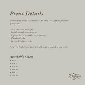 May include: A print details page with text on a light brown background. The text describes the print quality, including museum-quality matte paper and vibrant colours. Available sizes are listed, ranging from 20.3x25.4 cm to 61x91.4 cm.