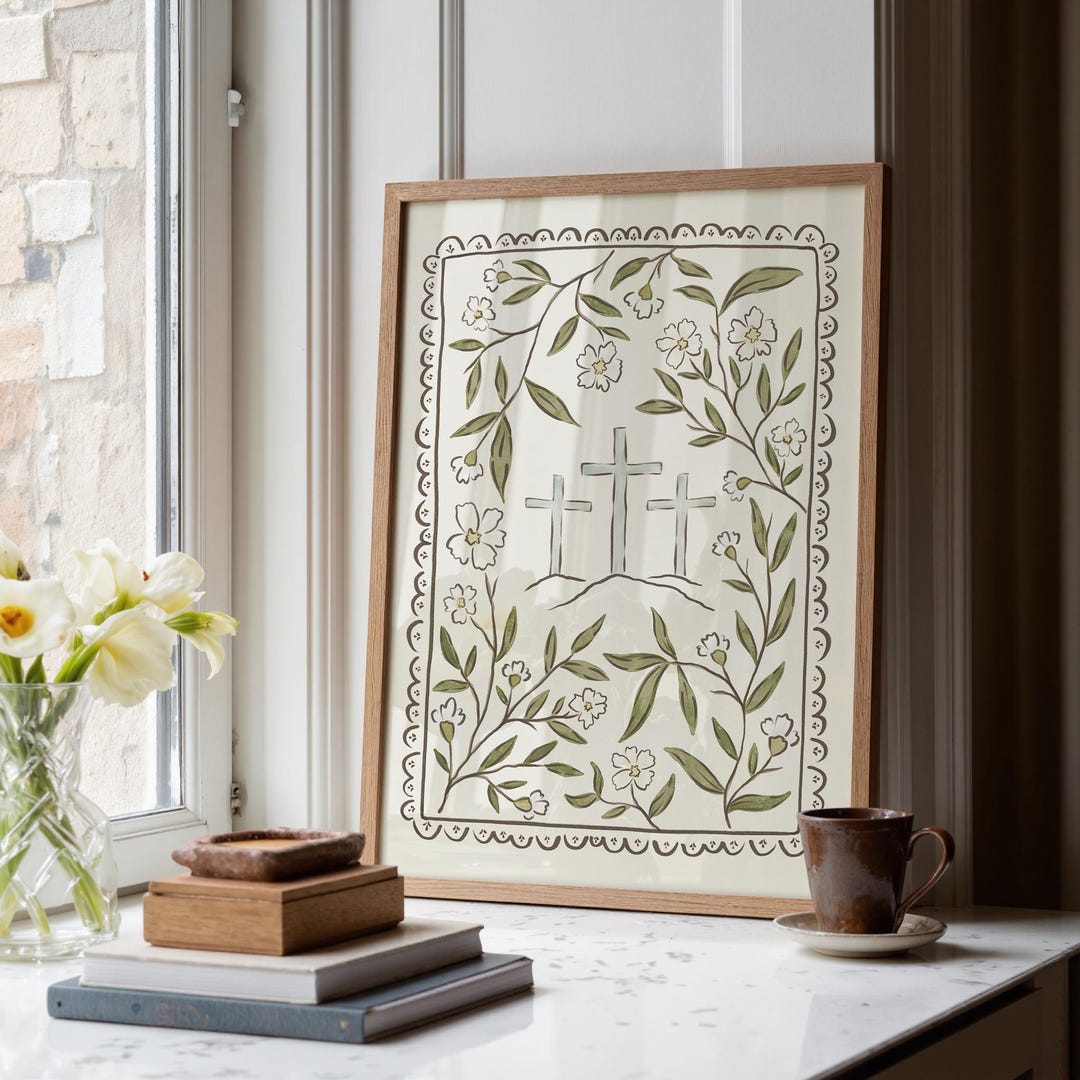Christian Artwork | Floral Cross Wall Art | Botanical Folk Art Print ...