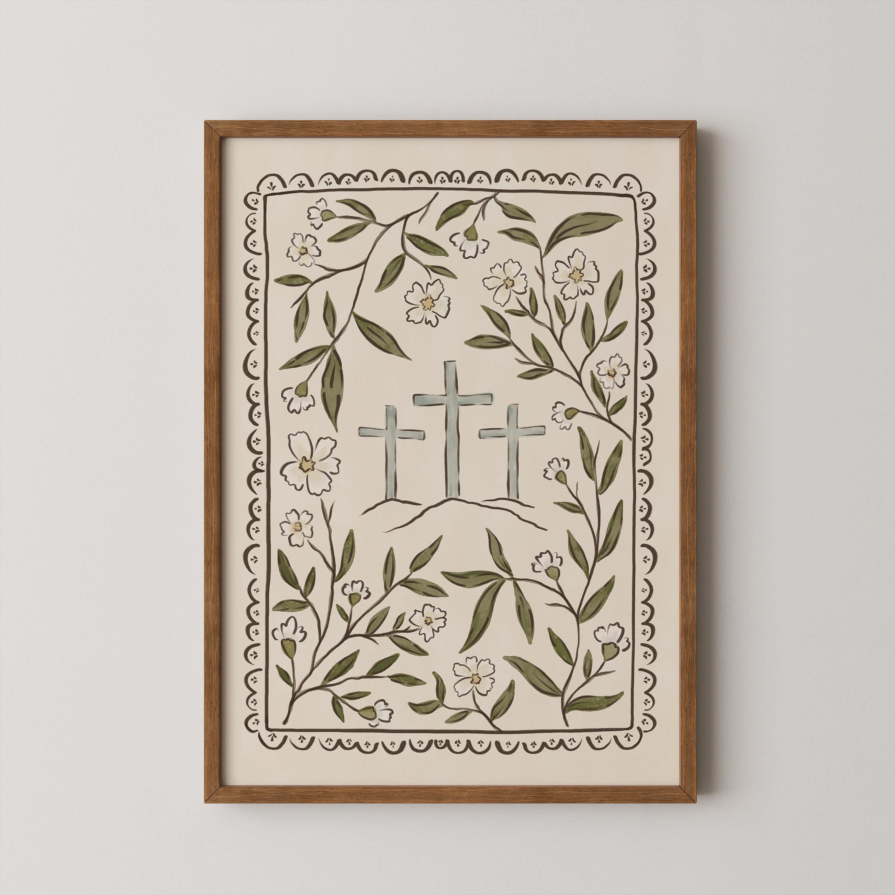 Christian Artwork | Floral Cross Wall Art | Botanical Folk Art Print ...