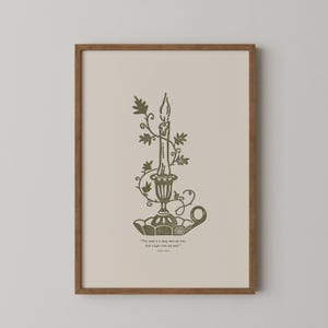May include: A framed print depicting a candle in an ornate holder, embellished with foliage. The artwork uses green and beige tones, with the quote "Thy word is a lamp unto my feet, And a light unto my path." The frame is brown.
