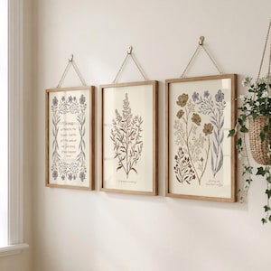 Psalms Set of 3 Wall Art, Christian Artwork Printable, Floral Folk Art, Home Decor