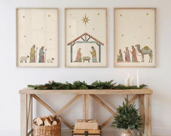 Whimsical Nativity Scene Print Set | Colorful Christian Christmas Wall Art | Digital Download