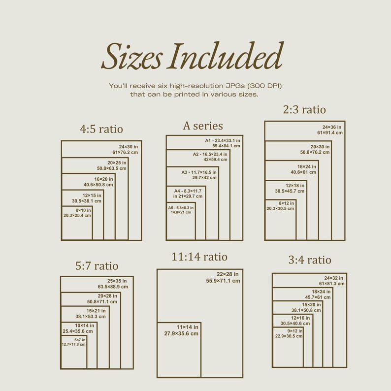 May include: A graphic detailing print sizes, including 4:5, 5:7, 2:3, 3:4, A series, and 11:14 ratios. Each size is labelled with dimensions in inches and centimetres, such as 24x30 in (61x76.2 cm). The text "Sizes Included" is at the top.
