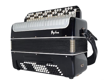 May include: A black accordion with a silver and black bellows and a black strap. The accordion has a white and black keyboard and the brand name "Bayan" is printed on the front.