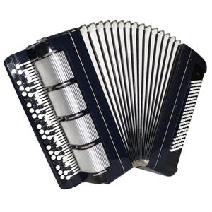 Puede incluir: Un acordeón negro y plateado con teclas y botones blancos. El fuelle es plateado y el cuerpo es negro. El acordeón es un instrumento musical que se utiliza para crear música.