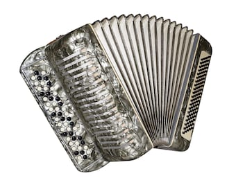 May include: A vintage accordion with a pearlescent grey finish. The instrument features a keyboard with black and white buttons, a bellows, and a series of white and grey keys. The accordion is designed for musical performance.