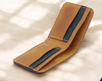 Cartera plegable de cuero hecha a mano: tarjetero curtido al cromo