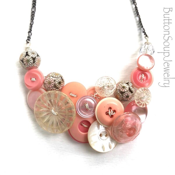 OOAK Fancy Pale Pink and Pearl Vintage Button Wedding Necklace