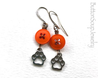 Orange Vintage Button Dangle Earrings with paw prints - fan jewelry