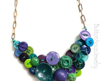 Statement Button Bib Necklace Jewel Tones Green Blue Purple