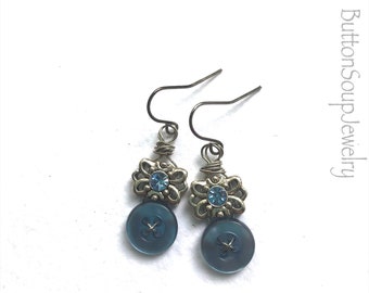 Earrings with Shiny Blue Buttons and Filigree Beads