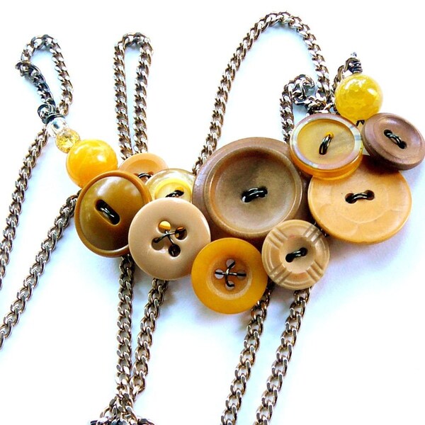 Very Long Vintage Button Necklace in Yellow Mustard Color - Free Shipping Etsy Sale