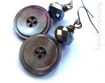 Shiny MOP Silver Grey Button Earrings - Chunky Gray Jewelry