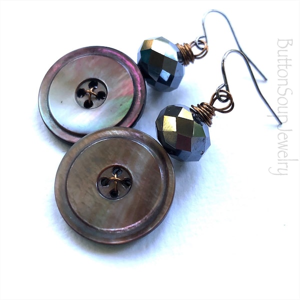 Shiny MOP Silver Grey Button Earrings - Chunky Gray Jewelry