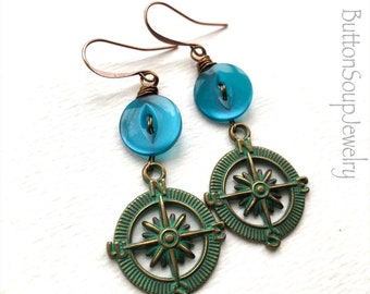 Adventure Dangle Button Earrings with Blue Buttons and Compass Design