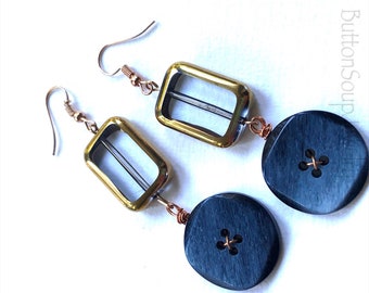Dangle Earrings with Navy Blue Buttons and Glass Beads