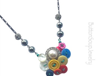 Cute Little Colorful Cluster Button Necklace Pearl Sparkle