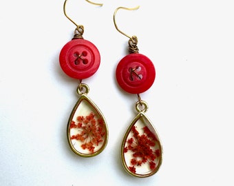 Red Vintage Button Dangle Earrings with Resin Flower Charms