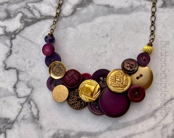 Long Statement Button Necklace Gold Brass and Purples
