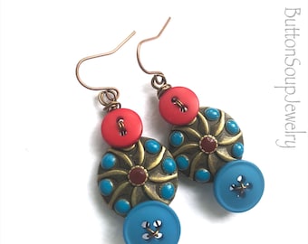 Red and Blue Dangle Button Earrings with Beads