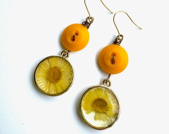 Yellow Vintage Button Dangle Earrings with Pressed Flower Charms