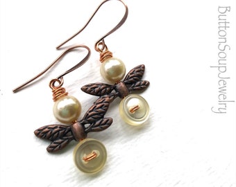 Winged Button Earrings with Pearl Beads