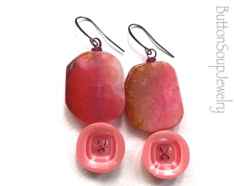 Big Pink Statement Earrings with Buttons and Agate stones