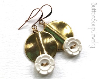 White Vintage Button Earrings with Gold Colored Discs
