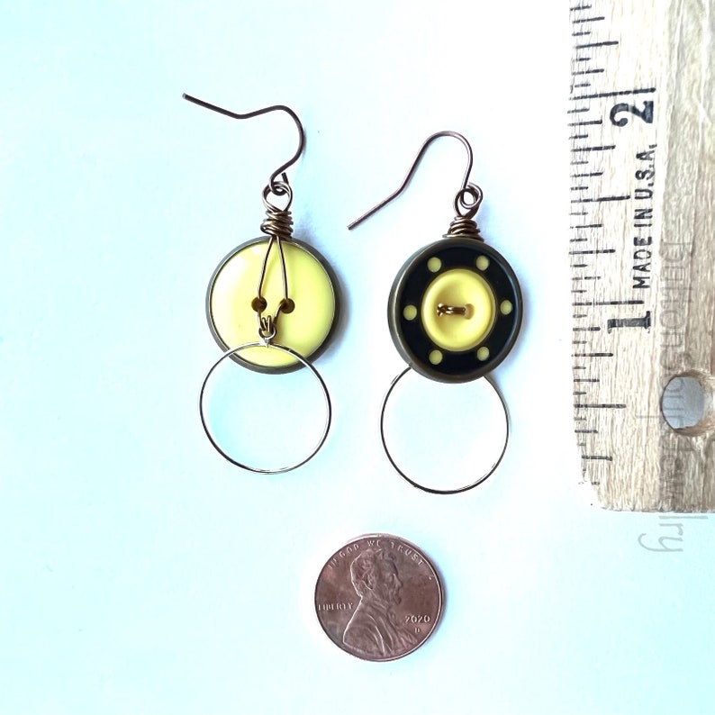 Funky Yellow Button Dangle Earrings with Geometric Circles image 3