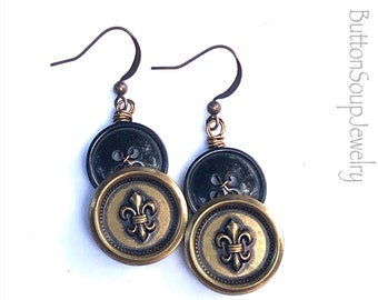 Fleur-de-lis Metal Vintage Button Earrings with Black Buttons