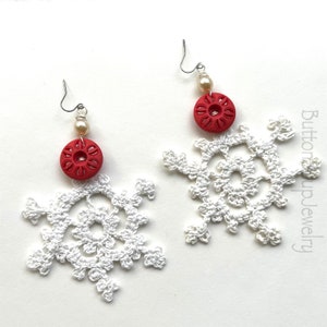 Vintage Button Statement Earrings with Crocheted Snowflakes