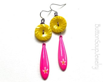 Yellow Vintage Button Dangle Earrings with Bright Pink