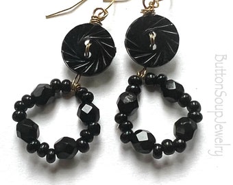 Black Vintage Button Earrings with Beaded Loops