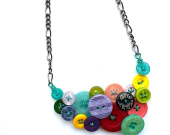 Funky Buttons Multicolor Statement Necklace - Buttons with text