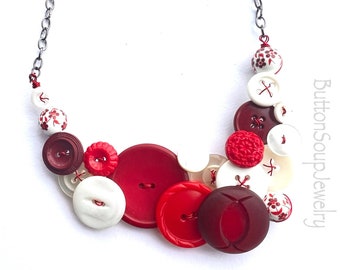 Burgundy, Red, and White Vintage Button Statement Jewelry Chunky Necklace