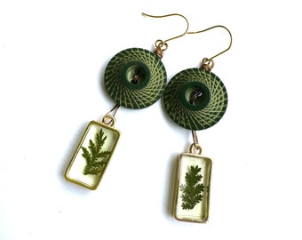 Green Vintage Button Dangle Earrings with Pressed Leaf Charms