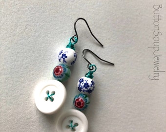 White Button Earrings with Red and Teal and Blue Floral Patterned Beads