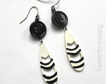 Black and White Button Earrings Long Dangle