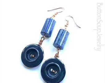 Dangle Earrings with Navy Blue Buttons and Beads