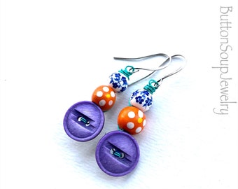 Purple Button Earrings with Orange and White and Blue Floral Patterned Beads